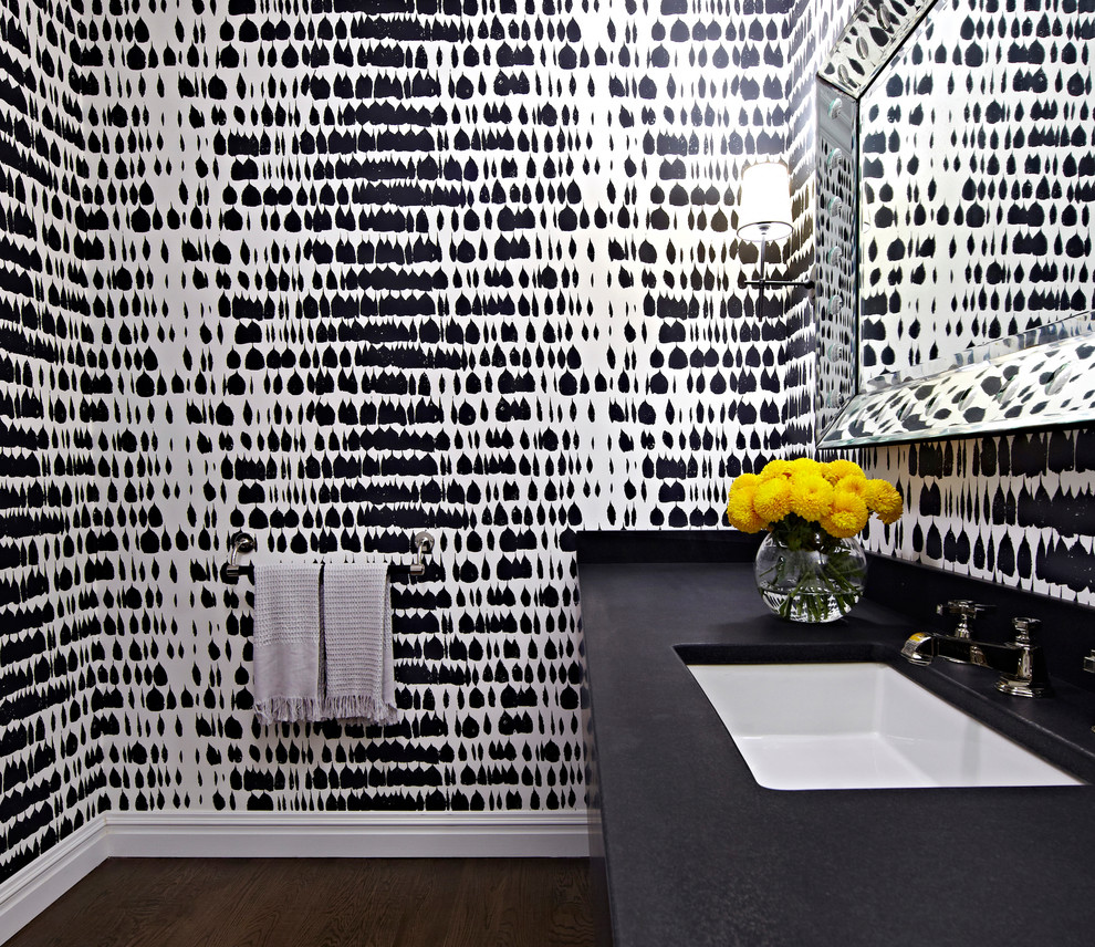 ニューヨークにあるラグジュアリーな巨大なトランジショナルスタイルのおしゃれなトイレ・洗面所 (分離型トイレ、白い壁、濃色無垢フローリング、アンダーカウンター洗面器、御影石の洗面台) の写真