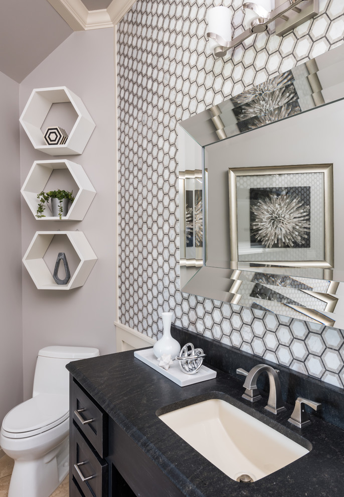 Powder room - mid-sized transitional powder room idea in Other with shaker cabinets, black cabinets, a one-piece toilet, gray walls and an undermount sink