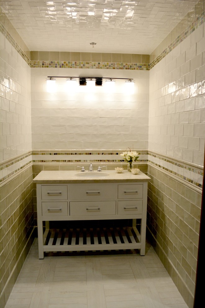 Powder room - small coastal beige tile, multicolored tile, white tile and subway tile light wood floor powder room idea in DC Metro with flat-panel cabinets, white cabinets, white walls and granite countertops