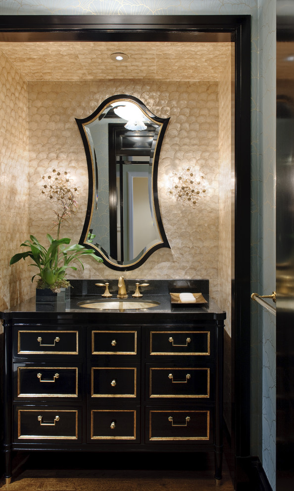 Powder room - traditional powder room idea in San Francisco with furniture-like cabinets and black cabinets