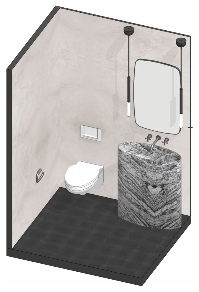 Источник вдохновения для домашнего уюта: туалет среднего размера в стиле неоклассика (современная классика) с серыми фасадами, инсталляцией, серыми стенами, бетонным полом, раковиной с пьедесталом, столешницей из известняка, серым полом, серой столешницей и напольной тумбой