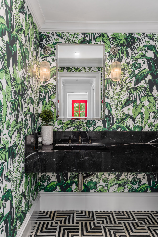 Design ideas for a small contemporary cloakroom in New York with open cabinets, black cabinets, a two-piece toilet, green walls, mosaic tile flooring, an integrated sink, marble worktops, multi-coloured floors and black worktops.