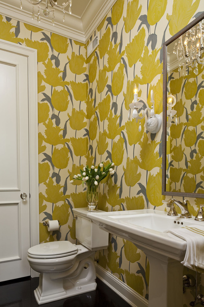Powder room - mid-sized transitional dark wood floor powder room idea in Minneapolis with a pedestal sink, a two-piece toilet and multicolored walls
