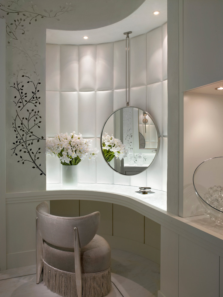 Powder room - mid-sized contemporary white tile marble floor and gray floor powder room idea in Miami with flat-panel cabinets, white cabinets, white walls and marble countertops