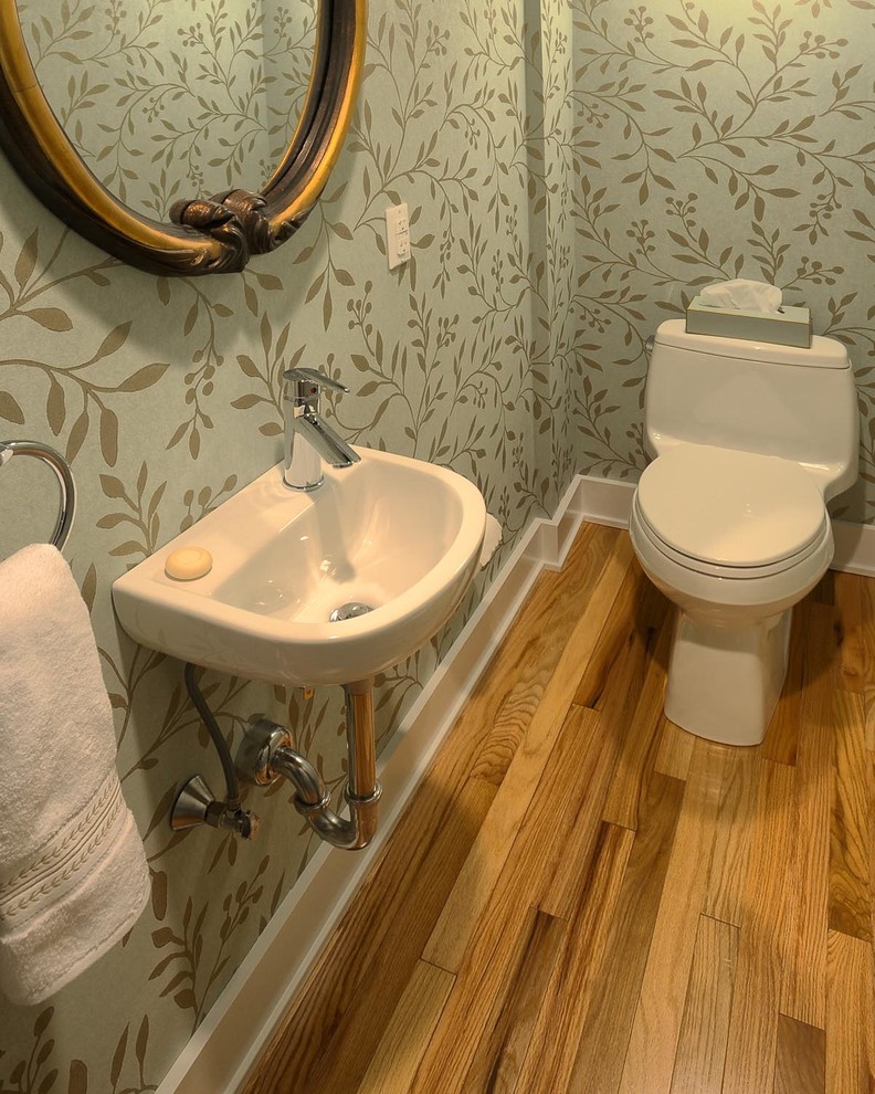 Small elegant medium tone wood floor powder room photo in Other with a one-piece toilet, multicolored walls and a pedestal sink