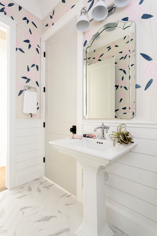 Large classic cloakroom in Denver with flat-panel cabinets, blue cabinets, a two-piece toilet, ceramic flooring, white floors, a console sink and beige walls.