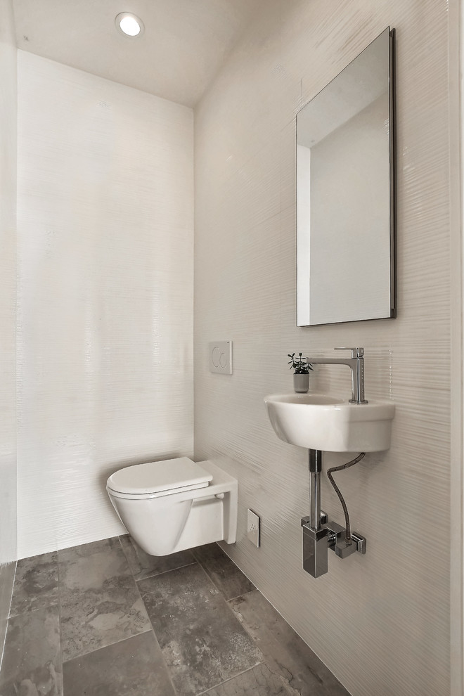 Foto på ett mellanstort funkis toalett, med vita väggar och ett väggmonterat handfat