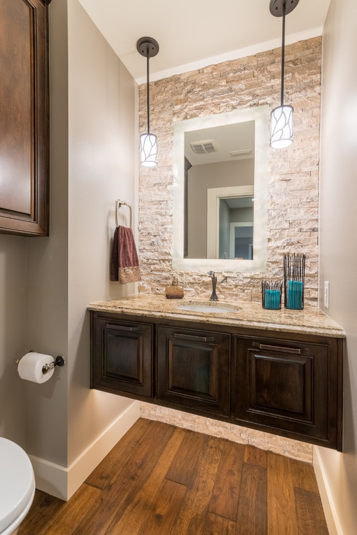  Stone-heavy transitional powder room