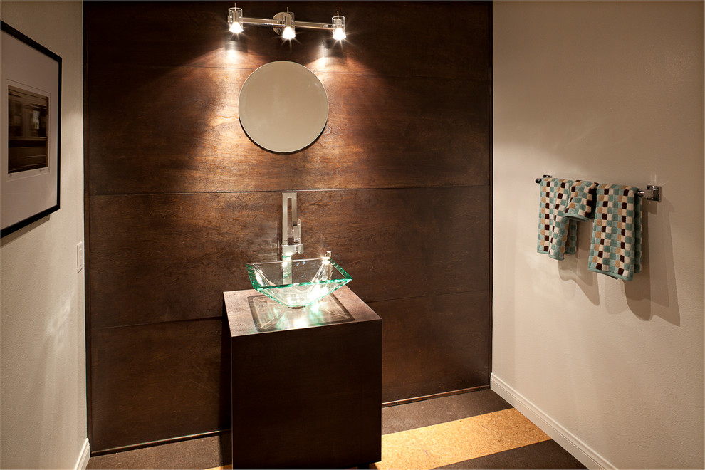 Large 1960s cork floor powder room photo in Orange County with a vessel sink, flat-panel cabinets, dark wood cabinets and white walls