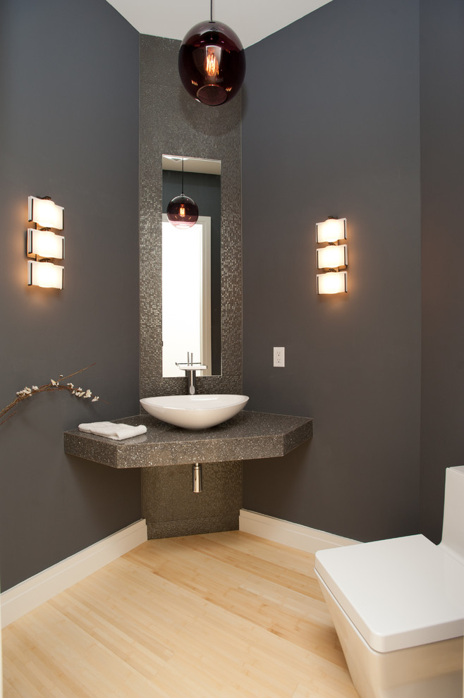 Trendy powder room photo in Other with a vessel sink and gray countertops