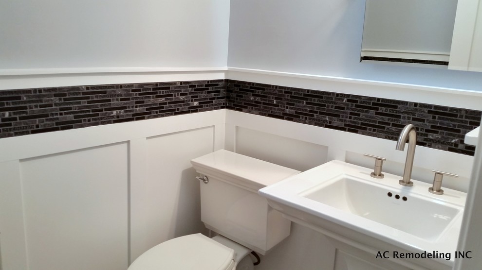 Design ideas for a small contemporary cloakroom in DC Metro with a pedestal sink, glass tiles and grey walls.