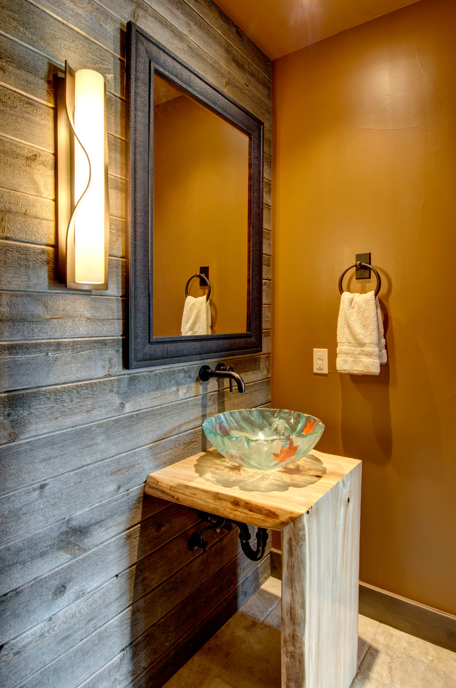 This is an example of a rustic cloakroom in Denver with a vessel sink, wooden worktops, brown walls and beige worktops.