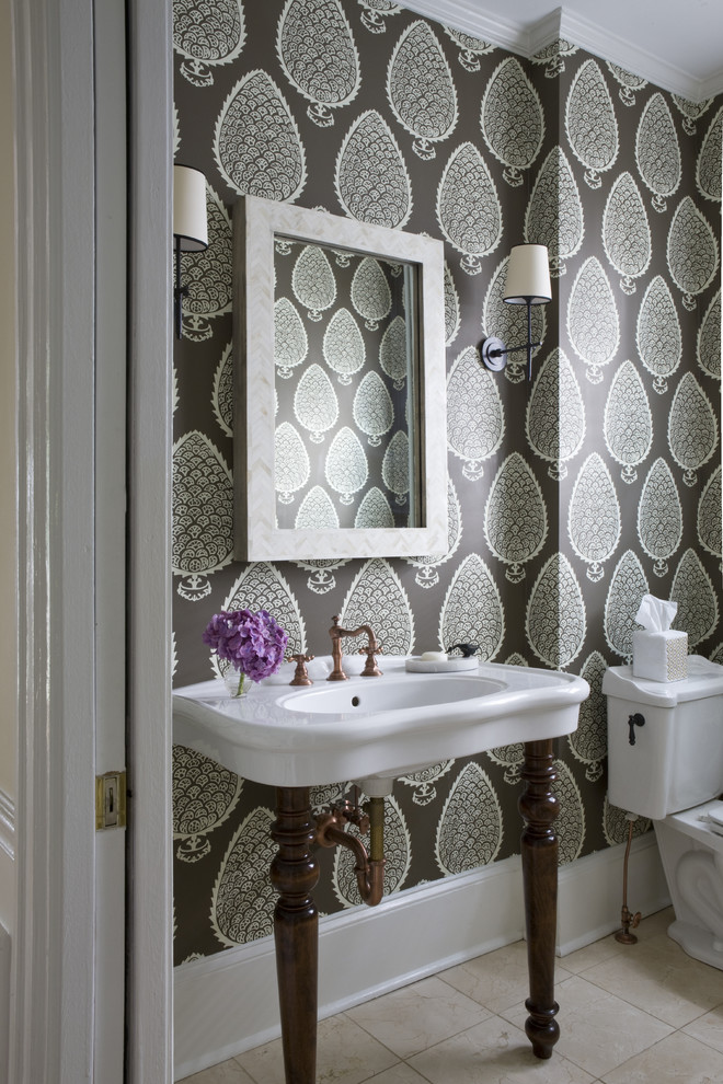 Design ideas for a traditional cloakroom in DC Metro with a console sink and beige tiles.