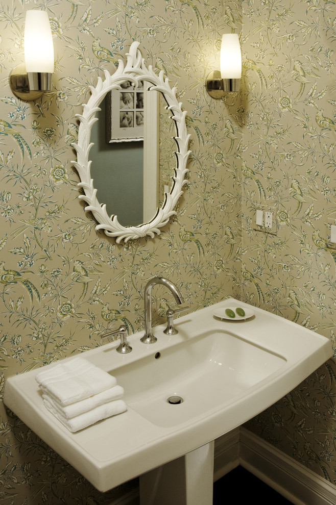 Powder room - contemporary powder room idea in Chicago with a pedestal sink