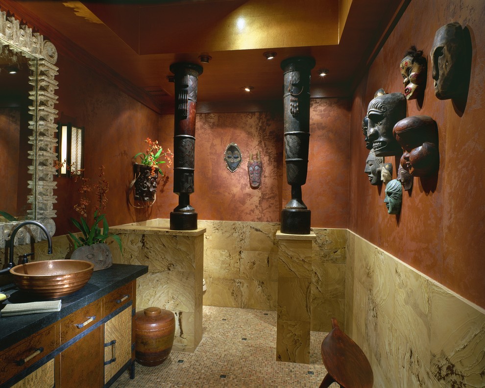 Inspiration for a tropical powder room remodel in Hawaii with a vessel sink