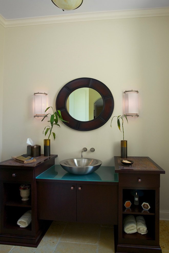 Powder Room with Custom Built Oak Vanity with Black Glaze and Vessel