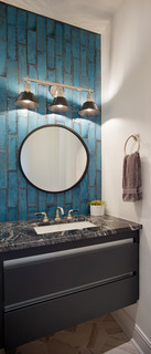 Powder room with dramatic blue tile backsplash - Modern - Powder Room - Other - by Ellsworth ...