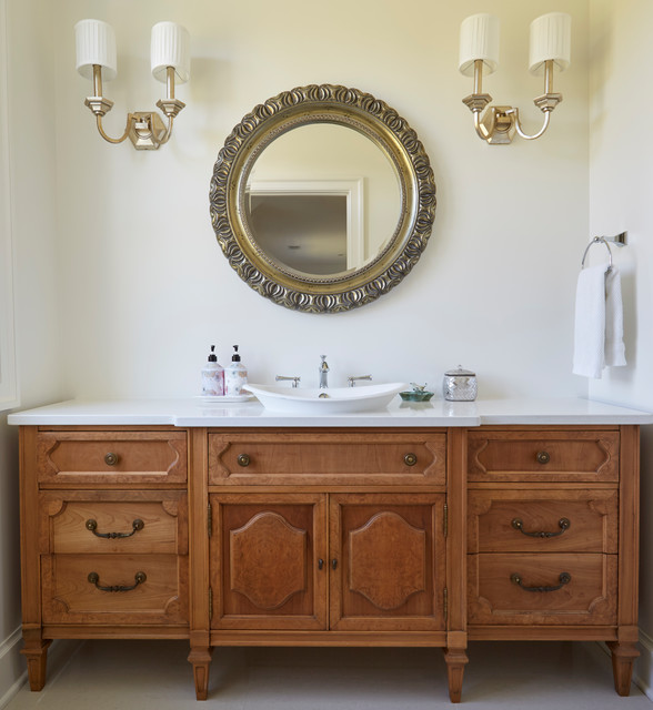 Powder Room With Furniture Style Vanity And Ornate Mirror Country Chicago By Orren Pickell Building Group Houzz Nz Powder Room With Furniture Style Vanity, Landover Rustic Distressed Bathroom Vanity Mirror