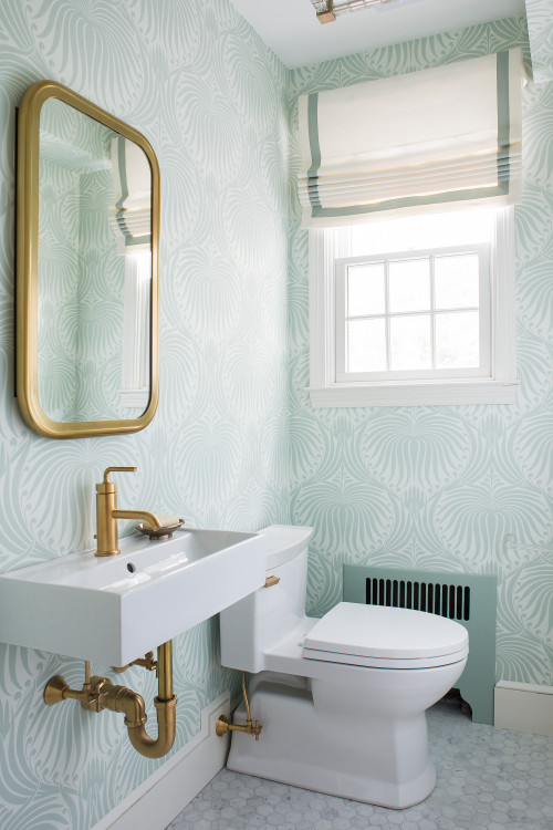 Eclectic Explosion: Very Small Bathroom Ideas with Mint Green Wallpaper and Brass Details