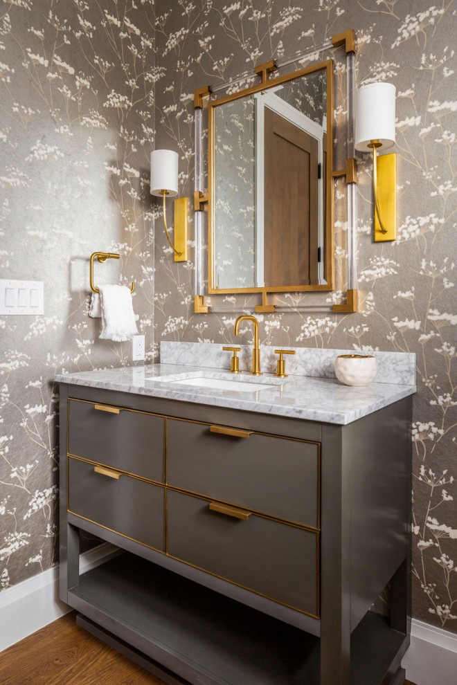 Medium sized classic cloakroom in Denver with flat-panel cabinets, marble worktops, white worktops, wallpapered walls, grey cabinets, grey walls, dark hardwood flooring, a submerged sink, brown floors and a freestanding vanity unit.