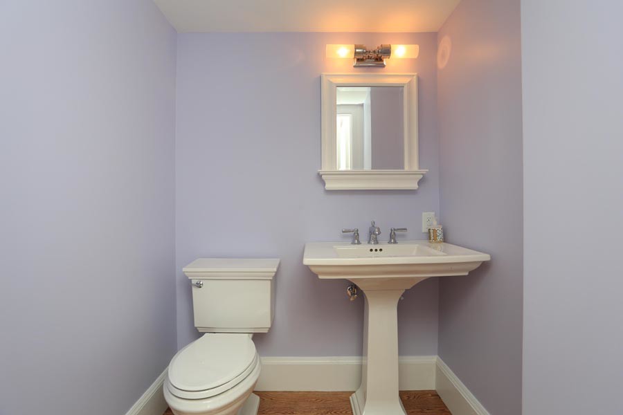 Ejemplo de aseo clásico pequeño con sanitario de dos piezas, paredes púrpuras, suelo de madera clara y lavabo con pedestal