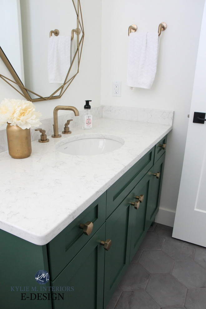 Inspiration for a small traditional cloakroom in Vancouver with shaker cabinets, green cabinets, white walls, porcelain flooring, a submerged sink, engineered stone worktops, grey floors, white worktops and a built in vanity unit.