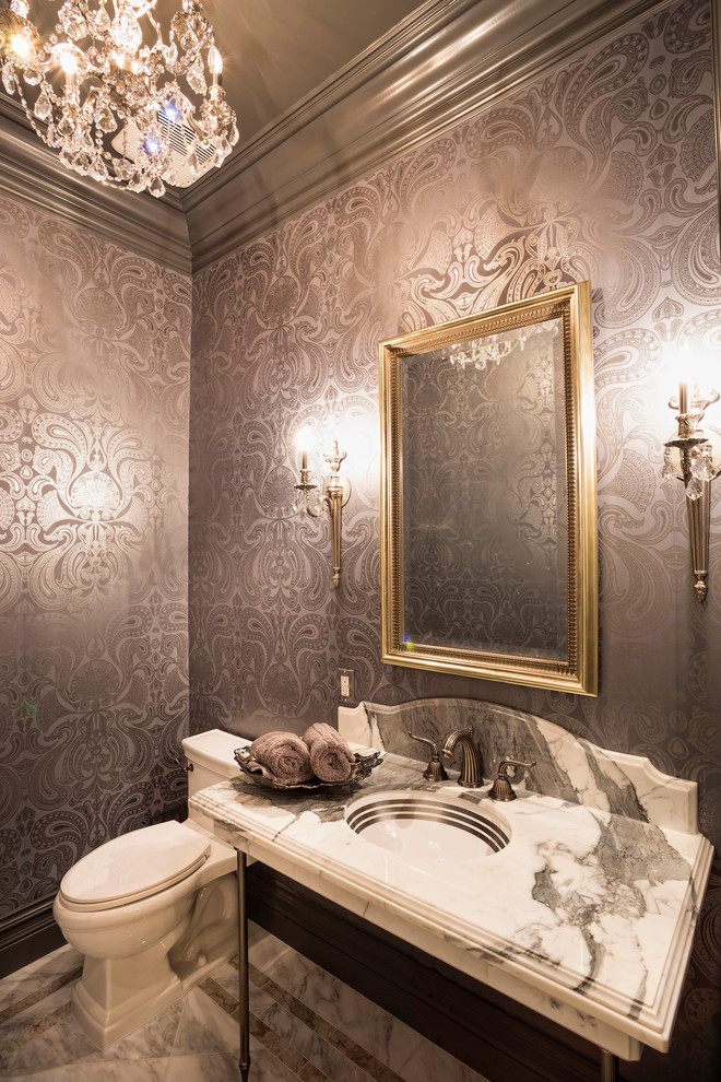 Powder room - victorian powder room idea in Los Angeles with an undermount sink and a two-piece toilet