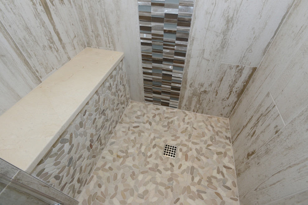Esempio di un bagno di servizio rustico con ante in stile shaker, ante in legno bruno, piastrelle bianche, piastrelle in gres porcellanato e pavimento in cemento