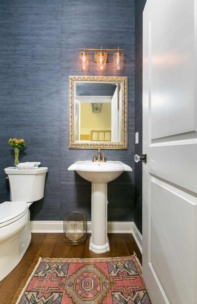 Design ideas for a cloakroom in Charleston with blue walls, a freestanding vanity unit and wallpapered walls.