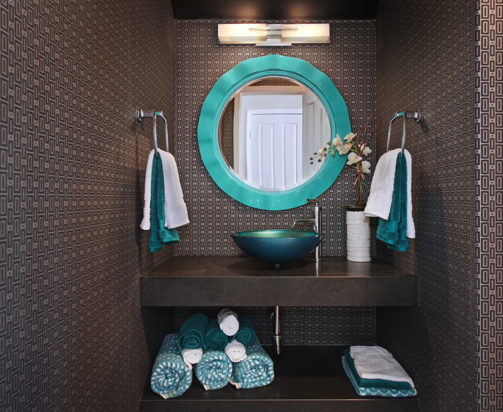 Transitional powder room photo in Orange County with a vessel sink, open cabinets, brown walls and brown countertops