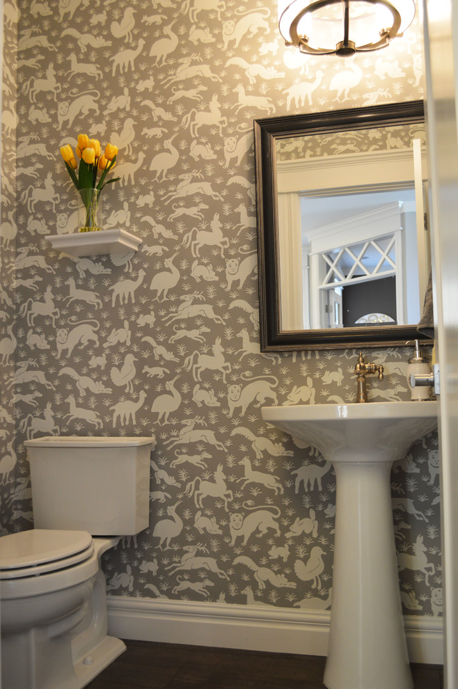 Photo of a small traditional cloakroom in Salt Lake City with a pedestal sink, a two-piece toilet and grey walls.