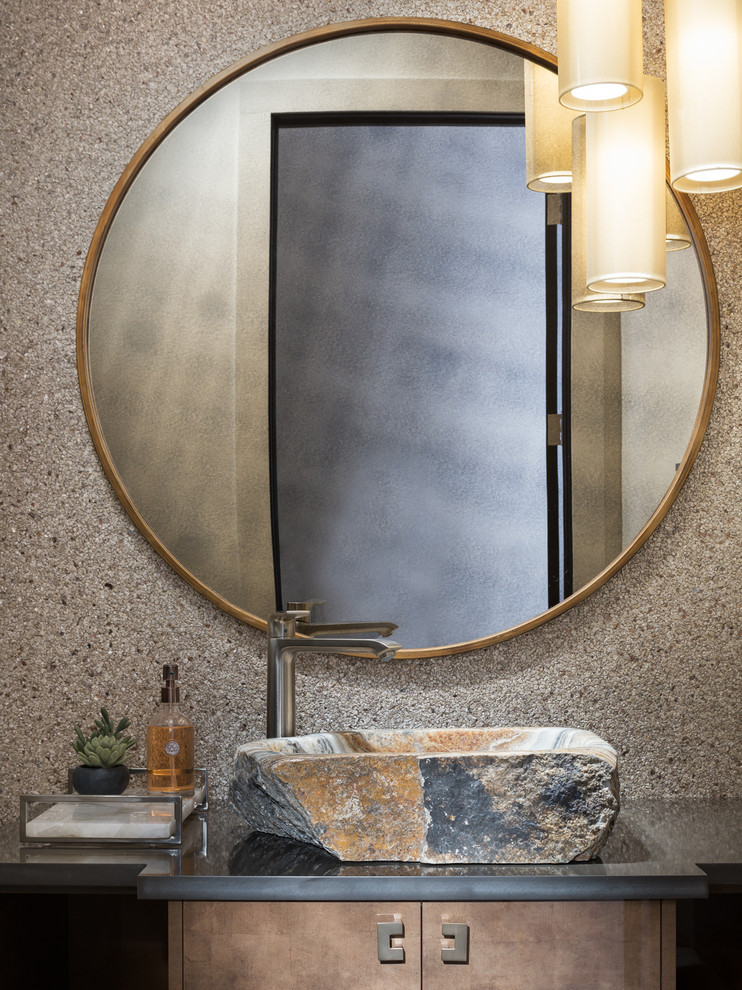 Transitional powder room photo in Other with a vessel sink