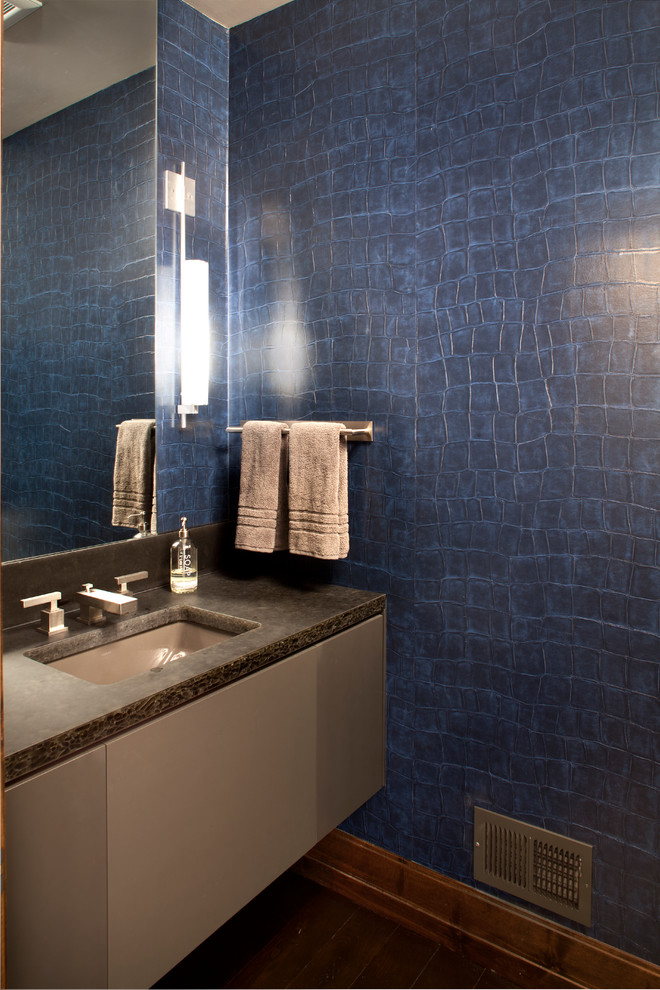 Example of a transitional dark wood floor powder room design in Minneapolis with an undermount sink, gray cabinets and blue walls