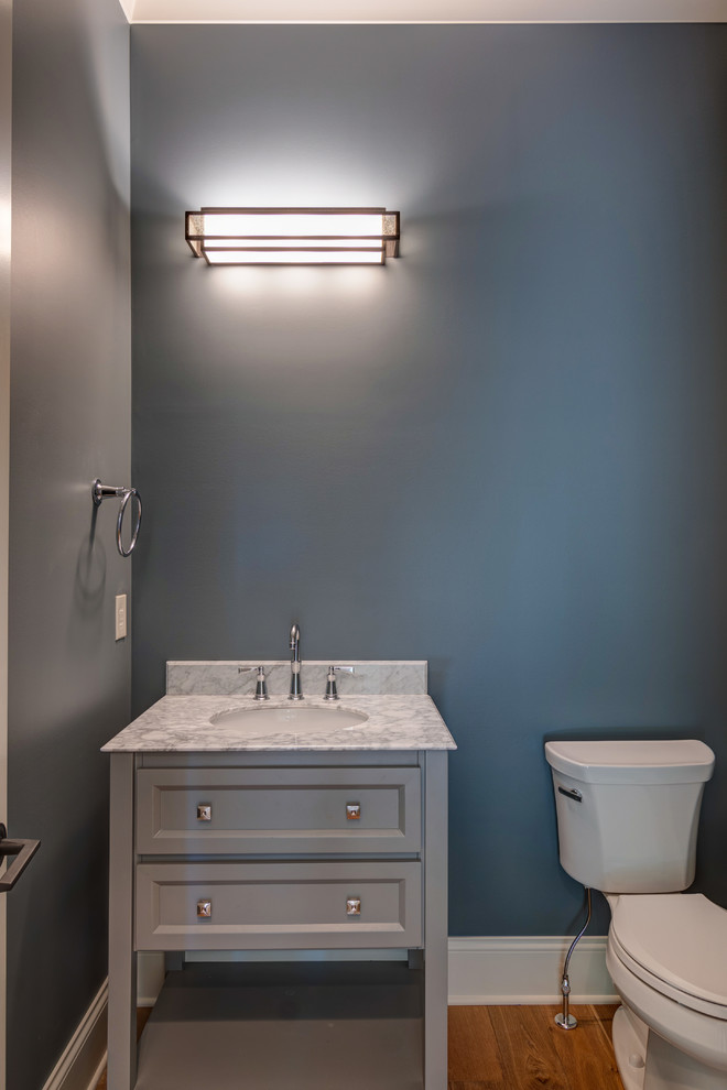 Réalisation d'un WC et toilettes champêtre de taille moyenne avec un placard en trompe-l'oeil, des portes de placard grises, WC à poser, un mur bleu, parquet clair, un lavabo encastré, un sol marron et un plan de toilette gris.
