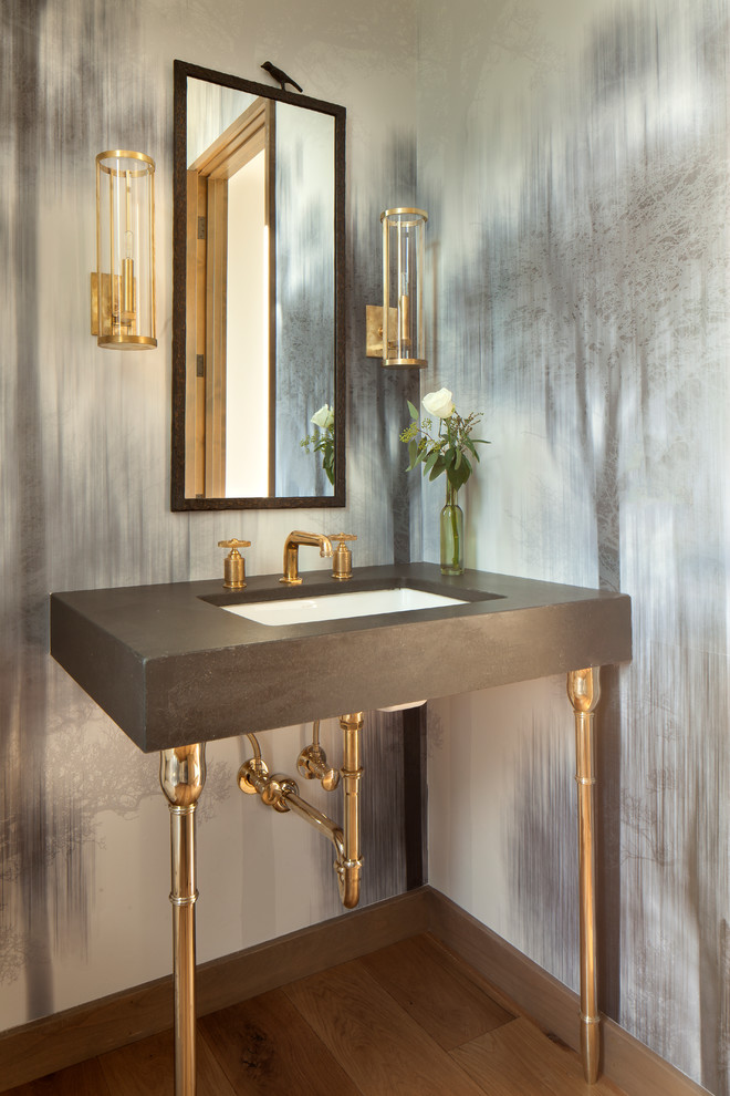 Mid-sized mountain style light wood floor powder room photo in Sacramento with an undermount sink, concrete countertops, gray countertops and multicolored walls
