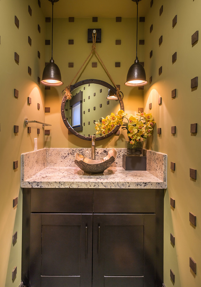 Powder room - small rustic powder room idea in Sacramento with a vessel sink, shaker cabinets, dark wood cabinets and yellow walls