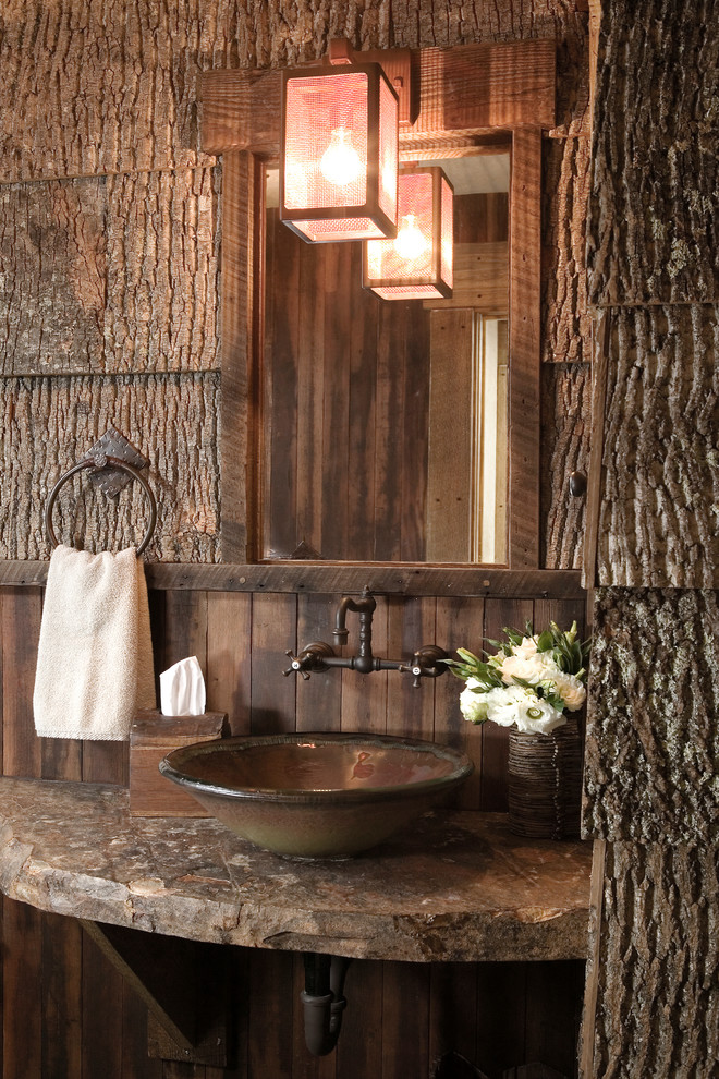 Photo of a rustic cloakroom in Sacramento with a vessel sink and grey worktops.