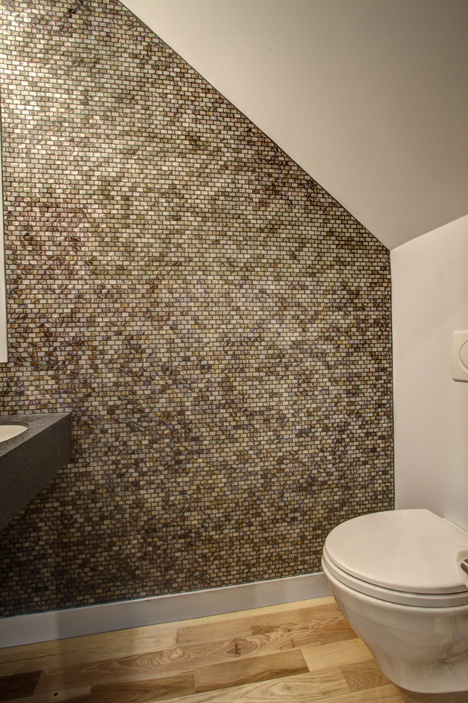 Стильный дизайн: туалет в современном стиле с коричневой плиткой и плиткой мозаикой - последний тренд