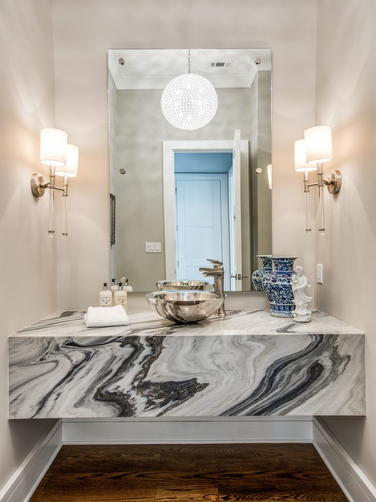 Inspiration for a large traditional cloakroom in Dallas with white cabinets, grey walls, dark hardwood flooring, a vessel sink, marble worktops, brown floors, multi-coloured worktops and recessed-panel cabinets.
