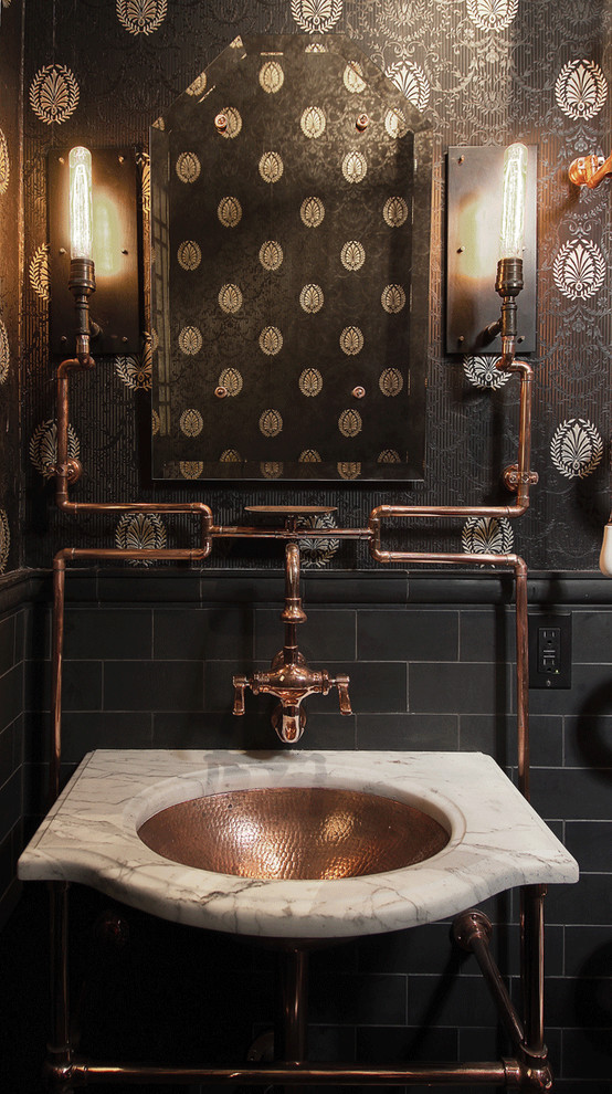 This is an example of an eclectic cloakroom in San Francisco with a submerged sink.
