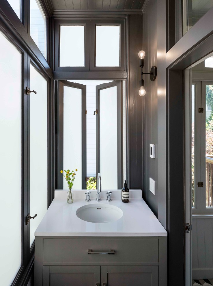 Small transitional powder room photo in San Francisco with shaker cabinets, gray cabinets, gray walls, an undermount sink and white countertops