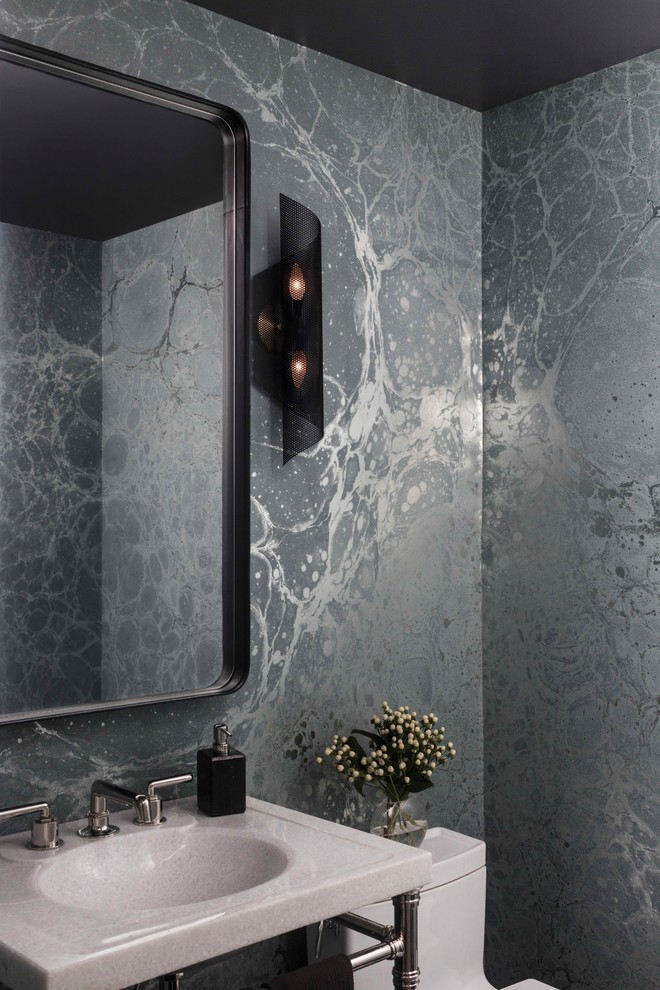 Cette image montre un WC et toilettes design avec un mur gris et un plan vasque.
