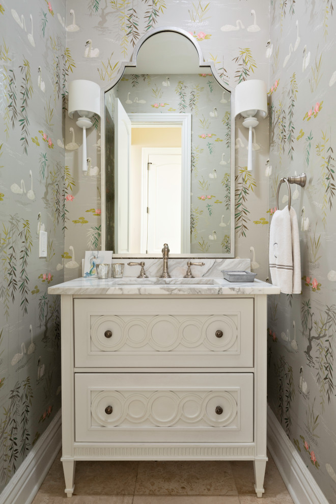 Design ideas for a medium sized mediterranean cloakroom in Tampa with freestanding cabinets, beige cabinets, multi-coloured walls, porcelain flooring, a submerged sink, beige floors, grey worktops and a freestanding vanity unit.