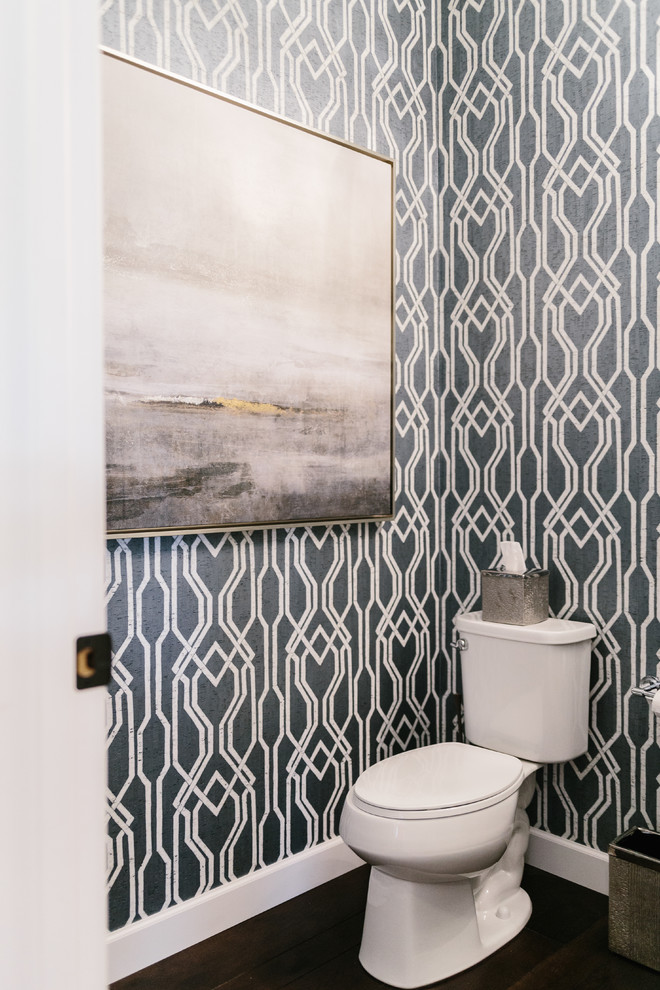 Inspiration for a mid-sized coastal dark wood floor and brown floor powder room remodel in Minneapolis with a two-piece toilet and gray walls
