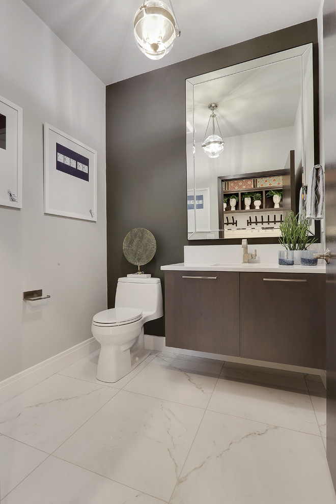 Photo of a medium sized contemporary cloakroom in Other with flat-panel cabinets, grey cabinets, a one-piece toilet, grey walls, porcelain flooring, a submerged sink, engineered stone worktops, white floors and white worktops.