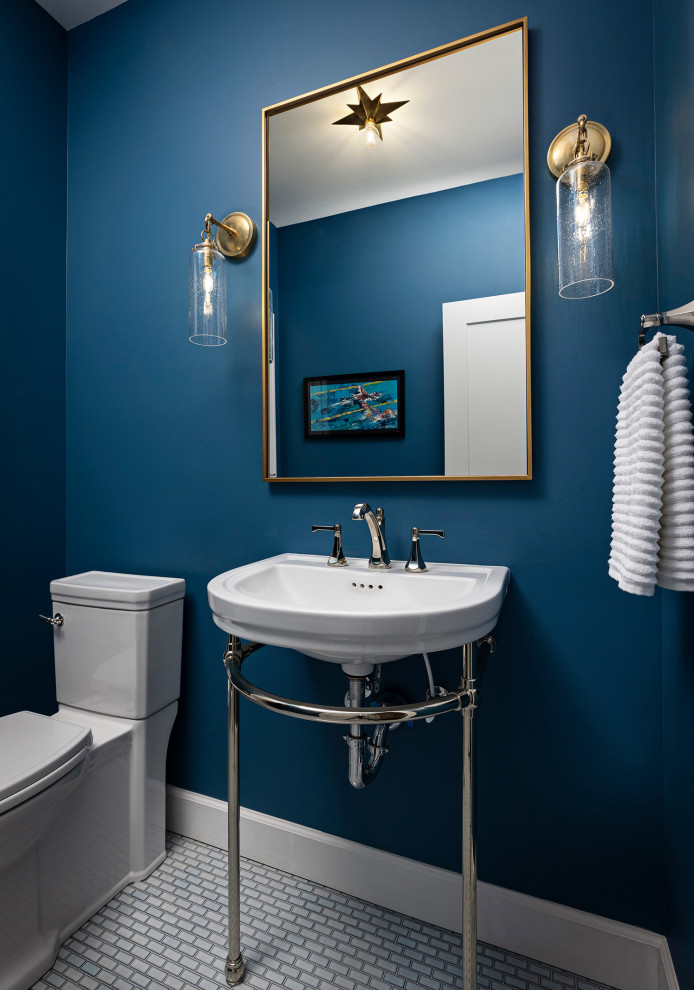 Aménagement d'un WC et toilettes craftsman avec un placard sans porte, un mur bleu et meuble-lavabo sur pied.