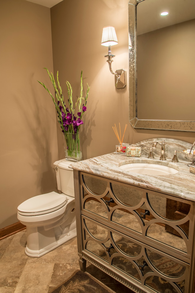 Small classic cloakroom in Chicago with glass-front cabinets, a two-piece toilet, beige tiles, porcelain tiles, beige walls, porcelain flooring, a submerged sink, quartz worktops and beige cabinets.