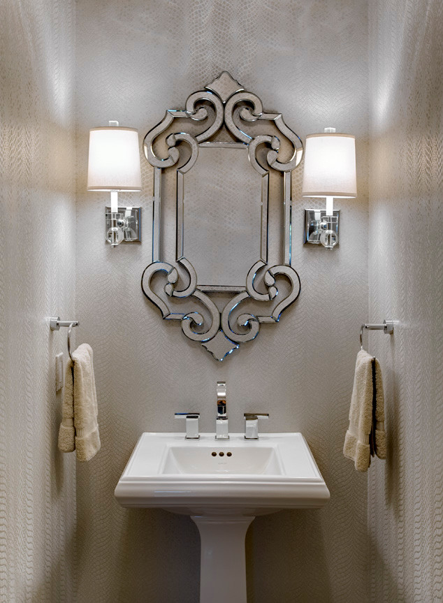 This is an example of a small classic cloakroom in Kansas City with a pedestal sink and grey walls.
