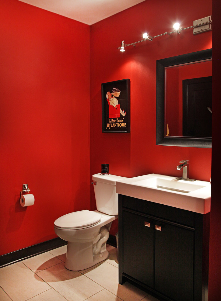 Inspiration for a small classic cloakroom in Other with freestanding cabinets, dark wood cabinets, a two-piece toilet, red walls, ceramic flooring, an integrated sink, granite worktops, beige floors and white worktops.