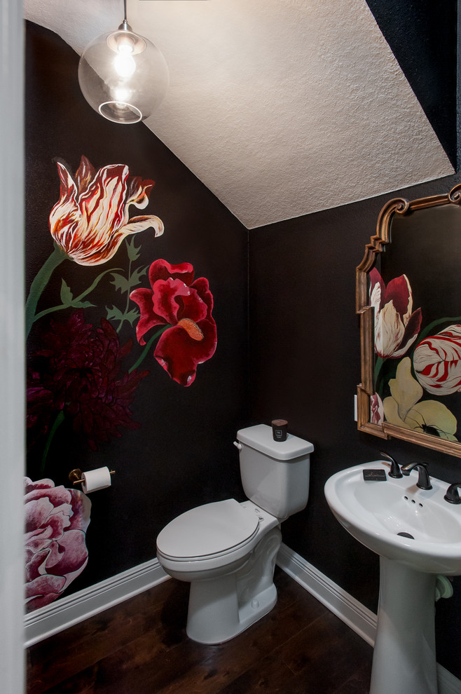Small transitional dark wood floor and brown floor powder room photo in Tampa with a two-piece toilet, black walls and a vessel sink